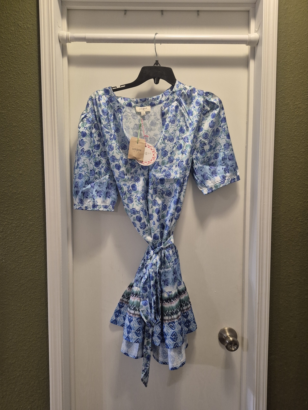 Blue Floral Tie-Waist Women's Dress